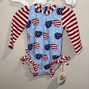 Caden Lane Patriotic Baby Swimsuit with Sunglasses Print